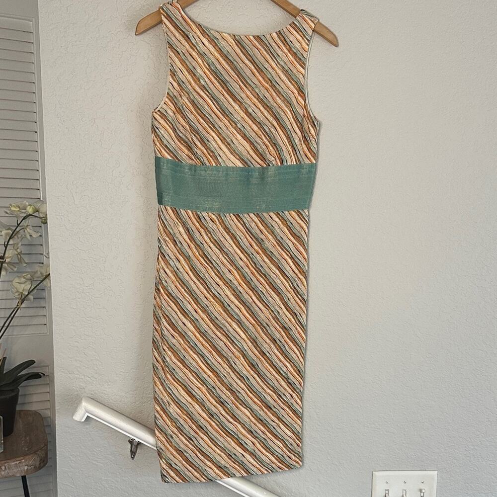Vintage Kay Unger Dress Textured Stripe 70s Aqua Orange Cream Sleeveless Size 8